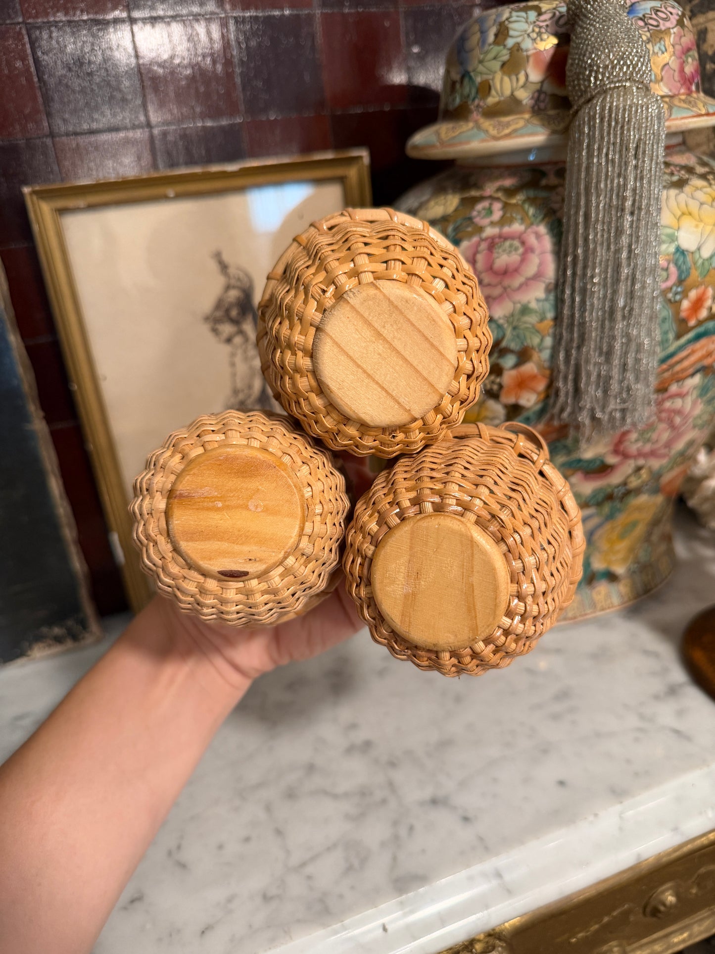 Set of Three Vintage Nantucket Style Miniature Handwoven Baskets