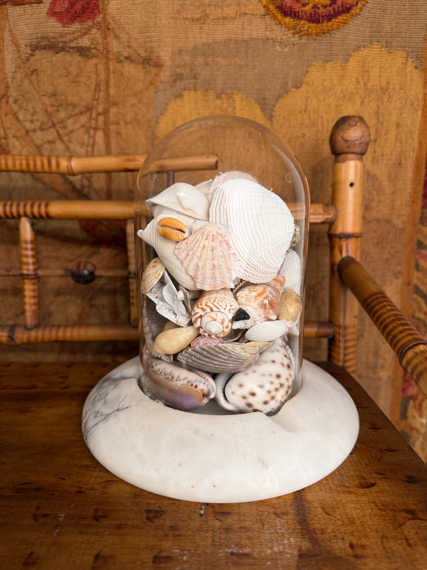 Vintage Cloche with Shells and Alabaster Base