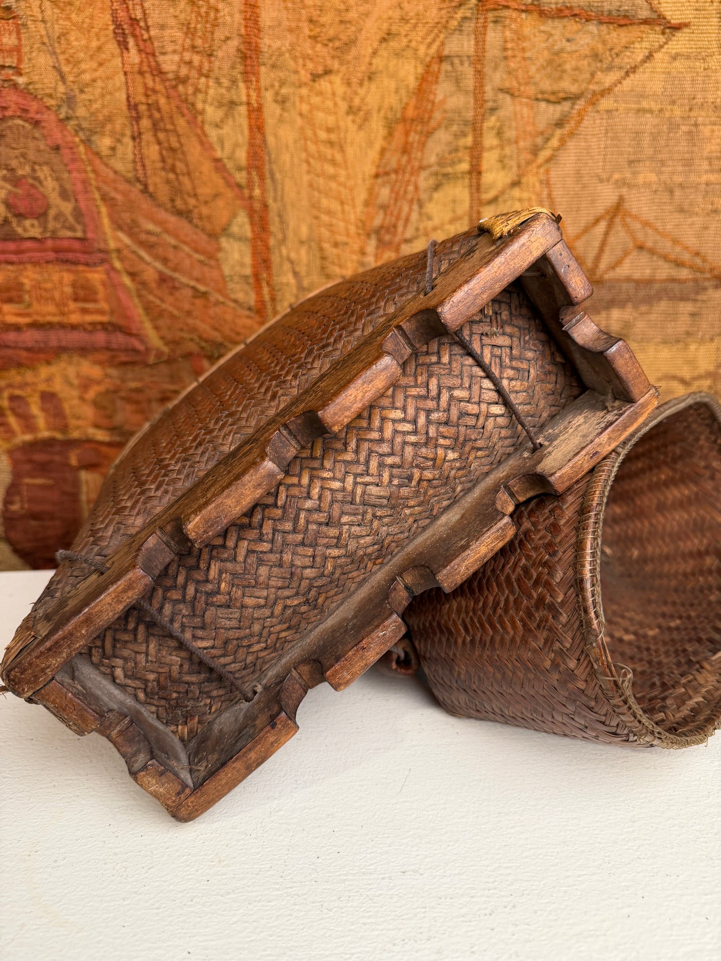 Handwoven Asian Wicker Storage Basket with Carved Wooden Base