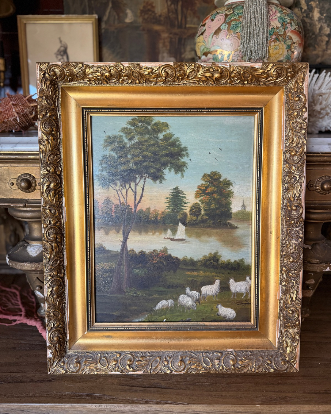 Vintage Sailboat and Sheep Oil on Board Painting