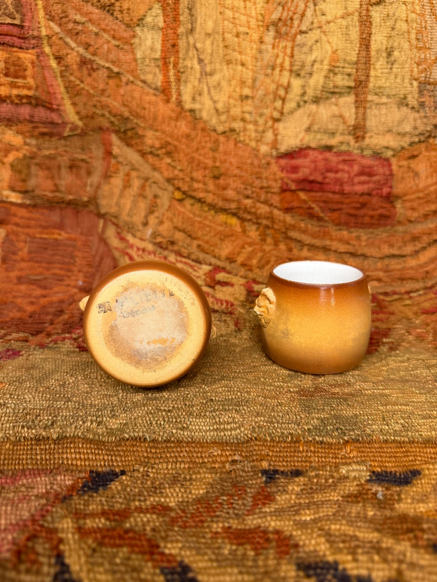 Pair of Vintage French Lion Head Stoneware Cups