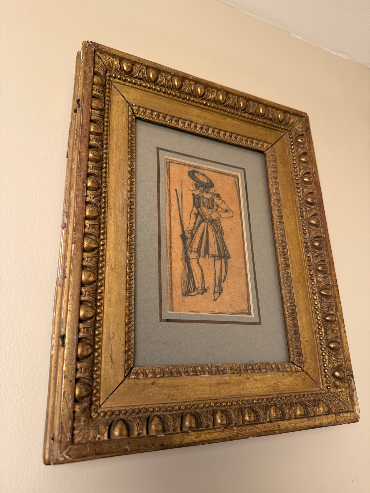 Pencil Figure Sketch in Antique Gilt Frame