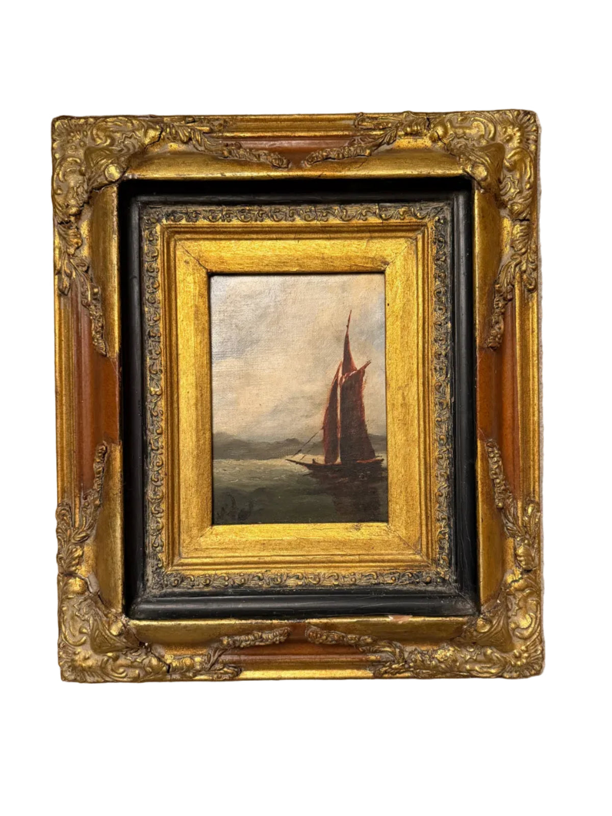 Maritime Oil Painting in Ornate Gilt Frame
