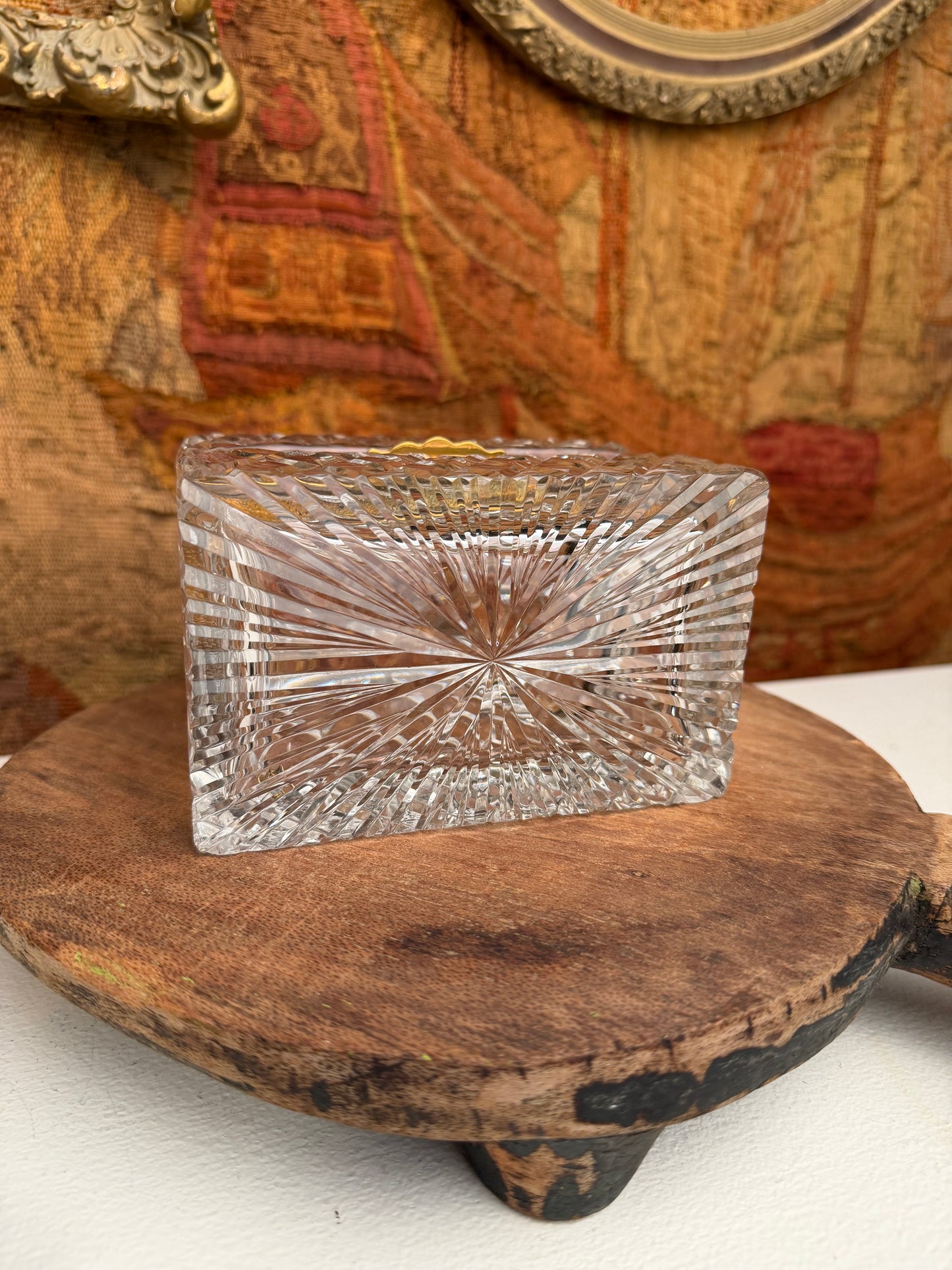 Vintage Cut Crystal Casket Box with Brass Hinged Lid