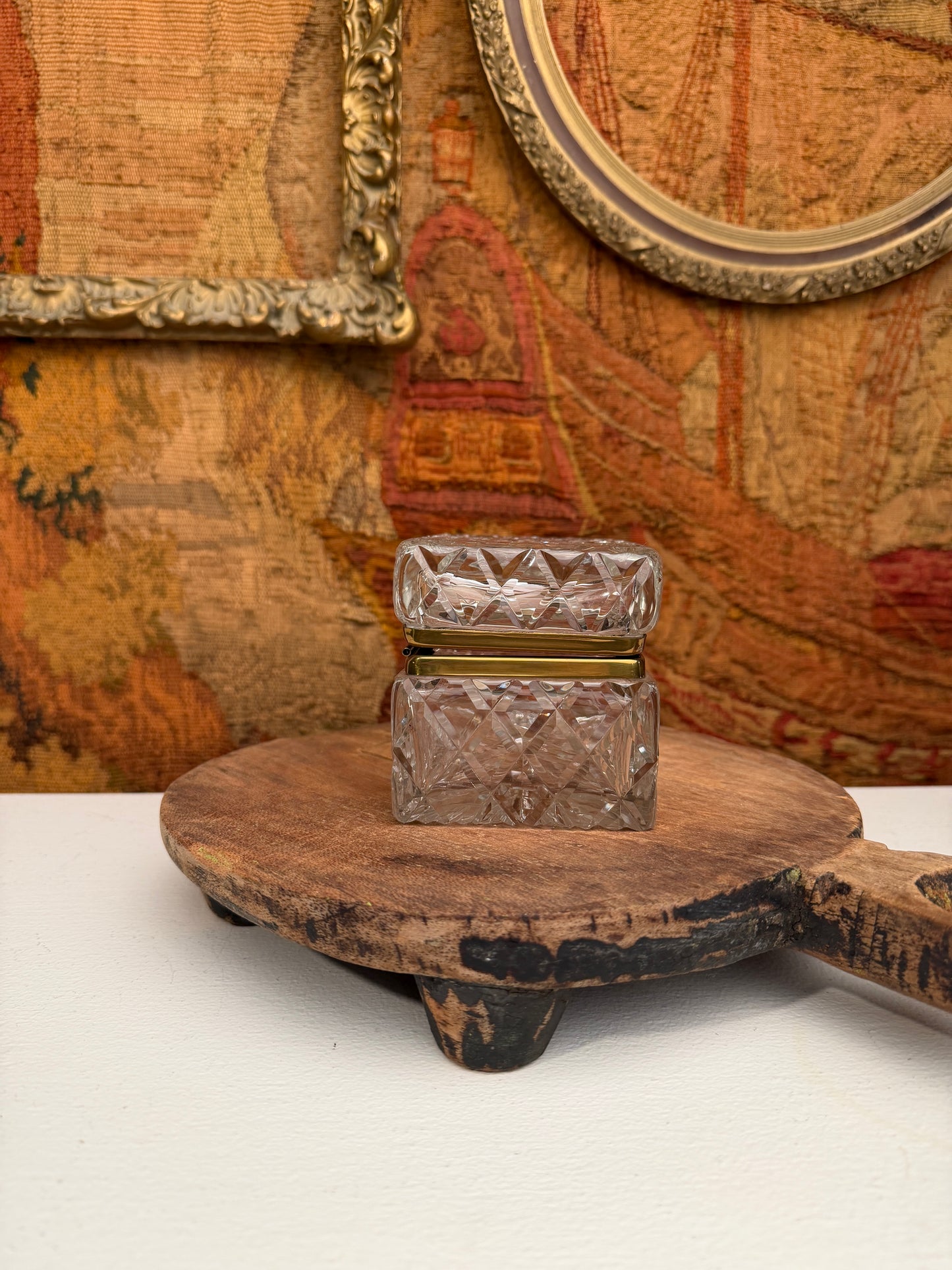 Vintage Cut Crystal Casket Box with Brass Hinged Lid