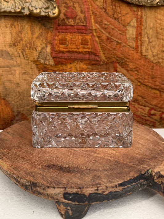 Vintage Cut Crystal Casket Box with Brass Hinged Lid
