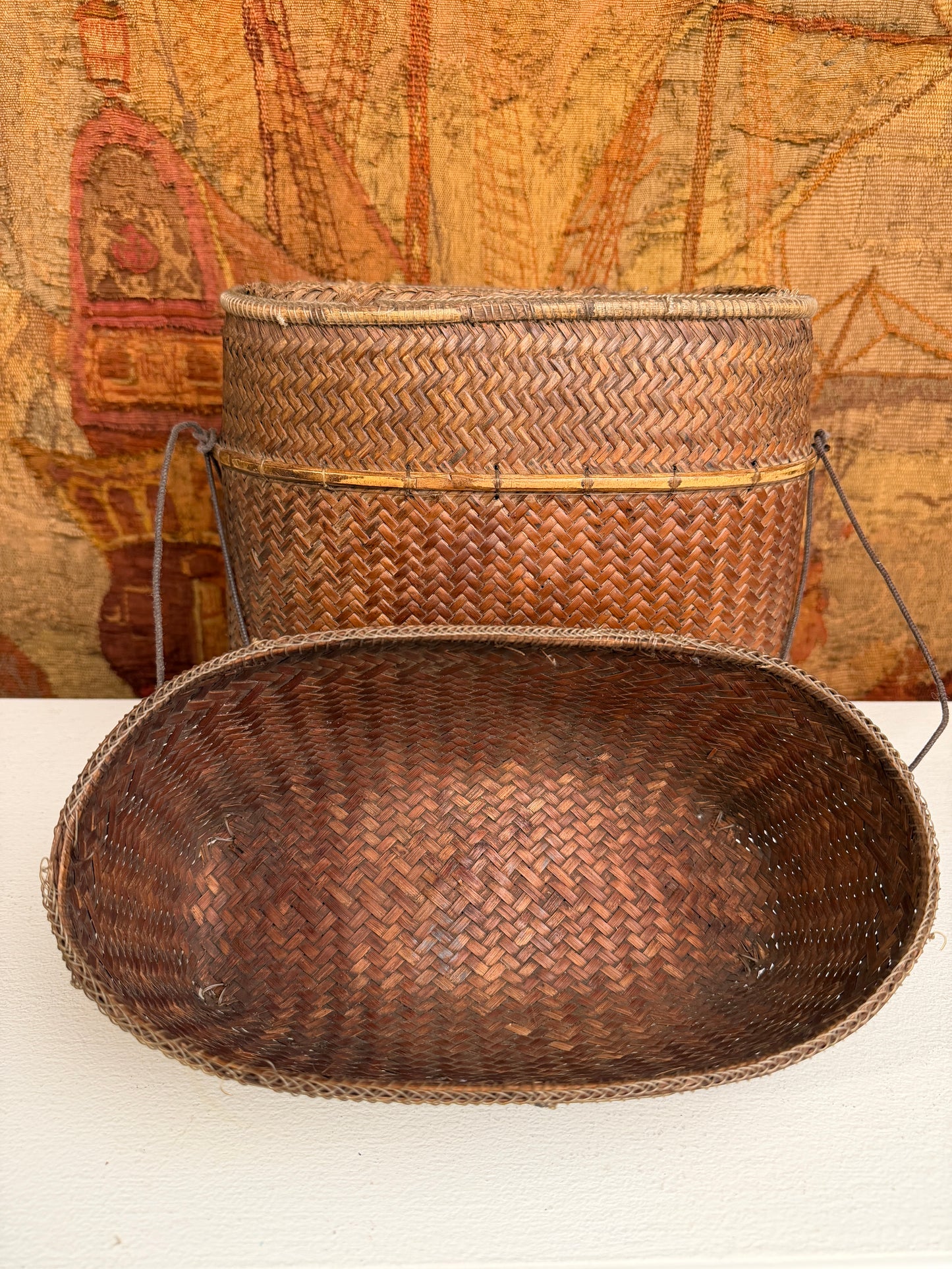 Handwoven Asian Wicker Storage Basket with Carved Wooden Base