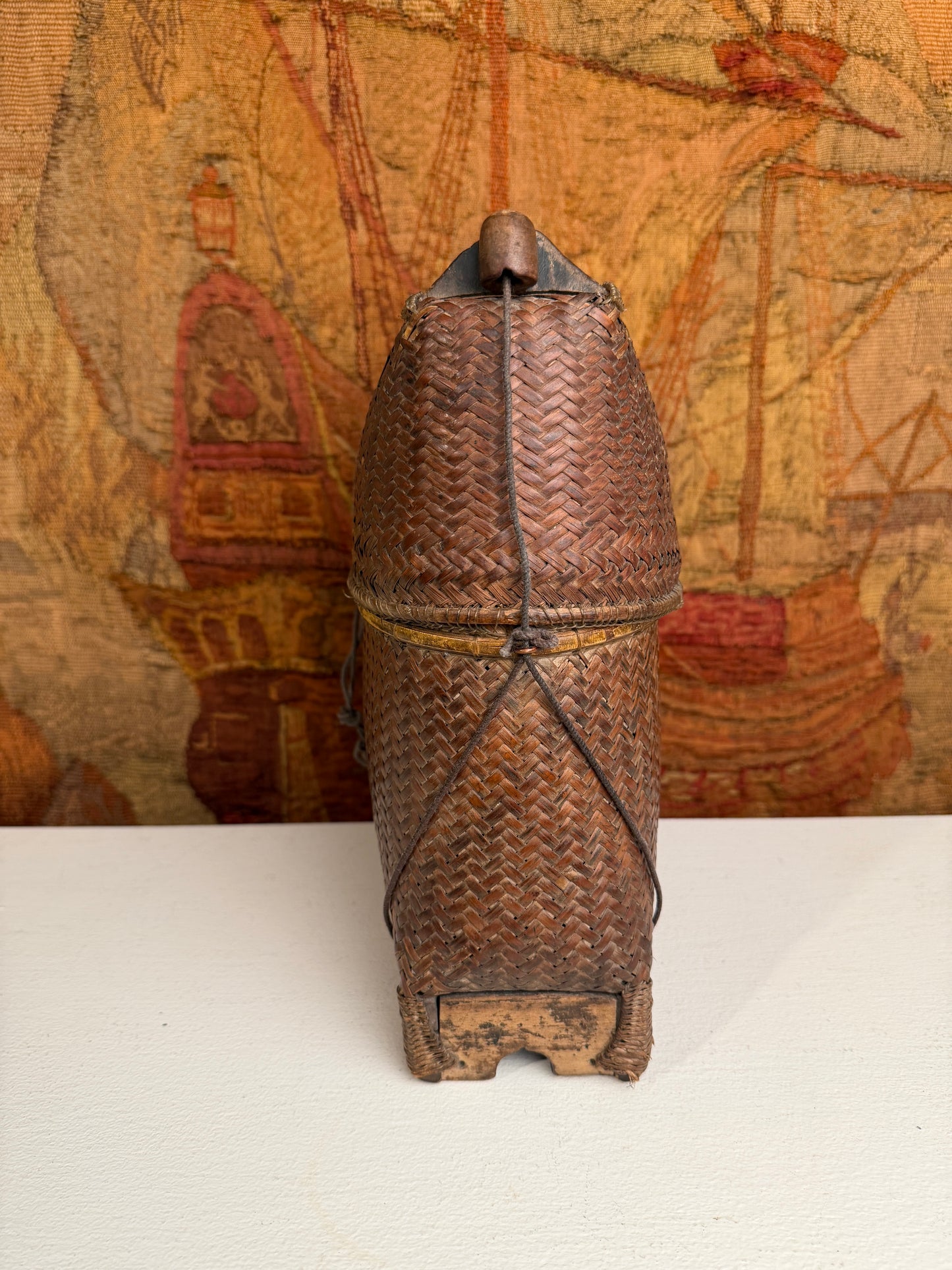 Handwoven Asian Wicker Storage Basket with Carved Wooden Base