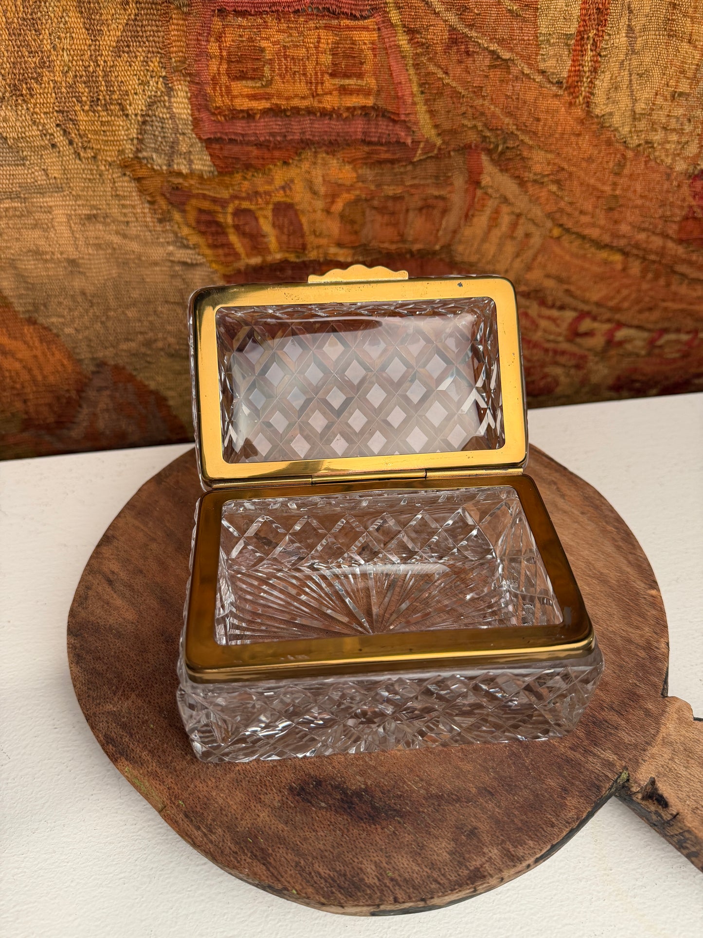 Vintage Cut Crystal Casket Box with Brass Hinged Lid