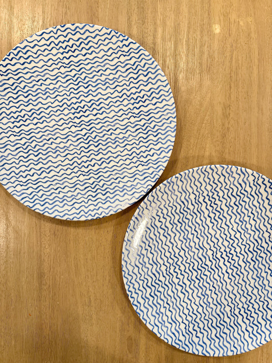 Pair of Vintage Limoges France Blue Wave Porcelain Dinner Plates