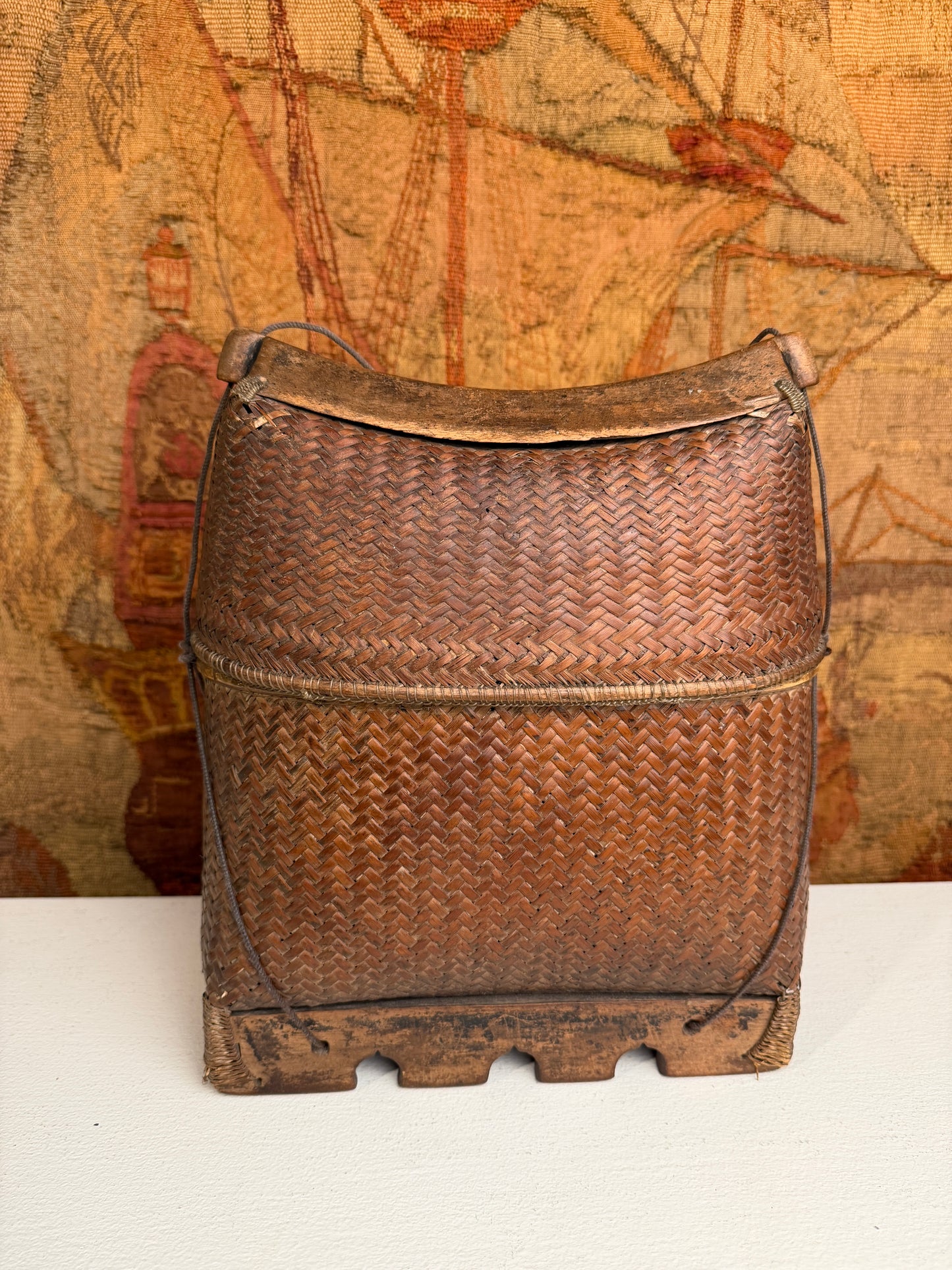 Handwoven Asian Wicker Storage Basket with Carved Wooden Base