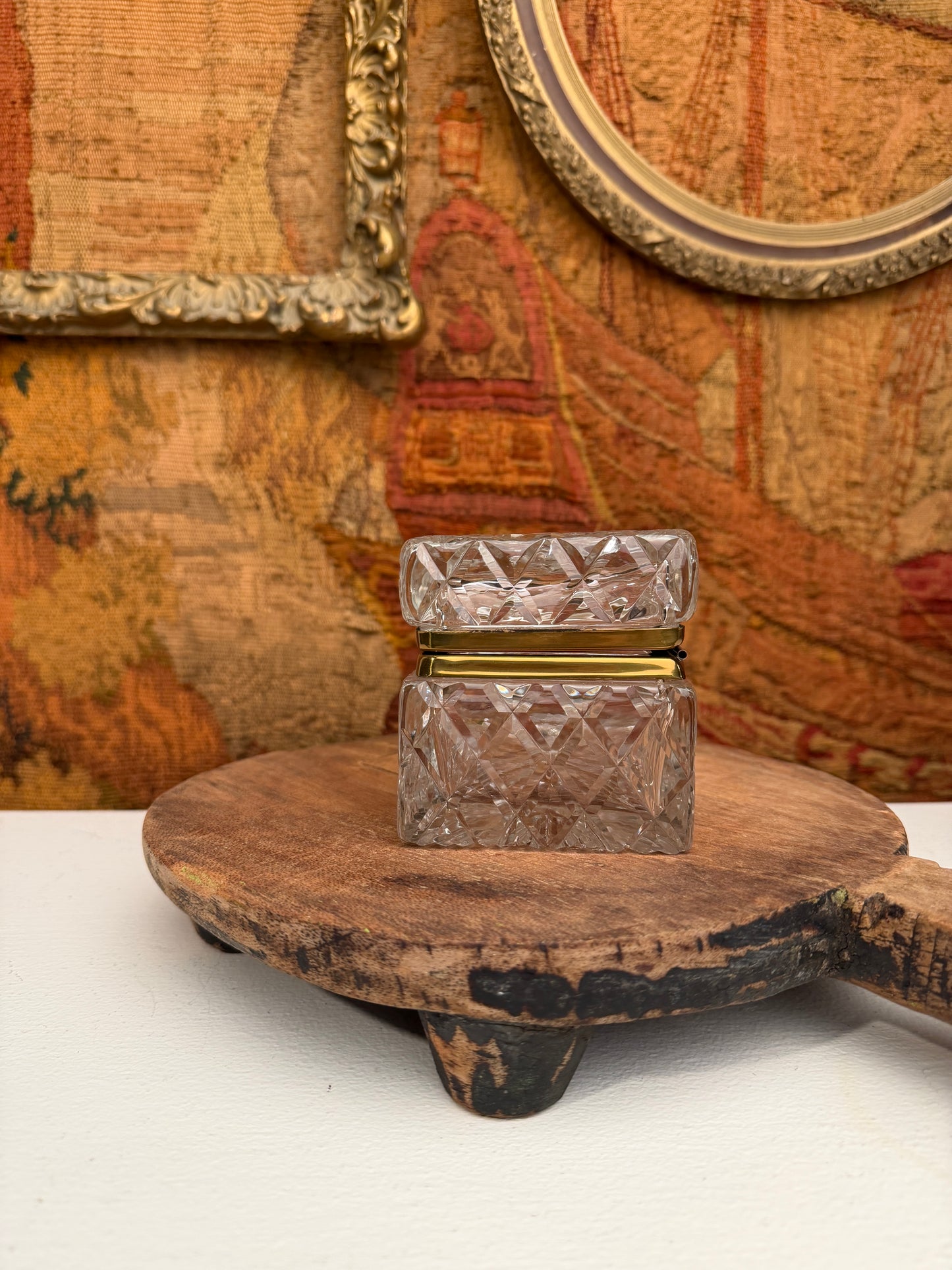 Vintage Cut Crystal Casket Box with Brass Hinged Lid