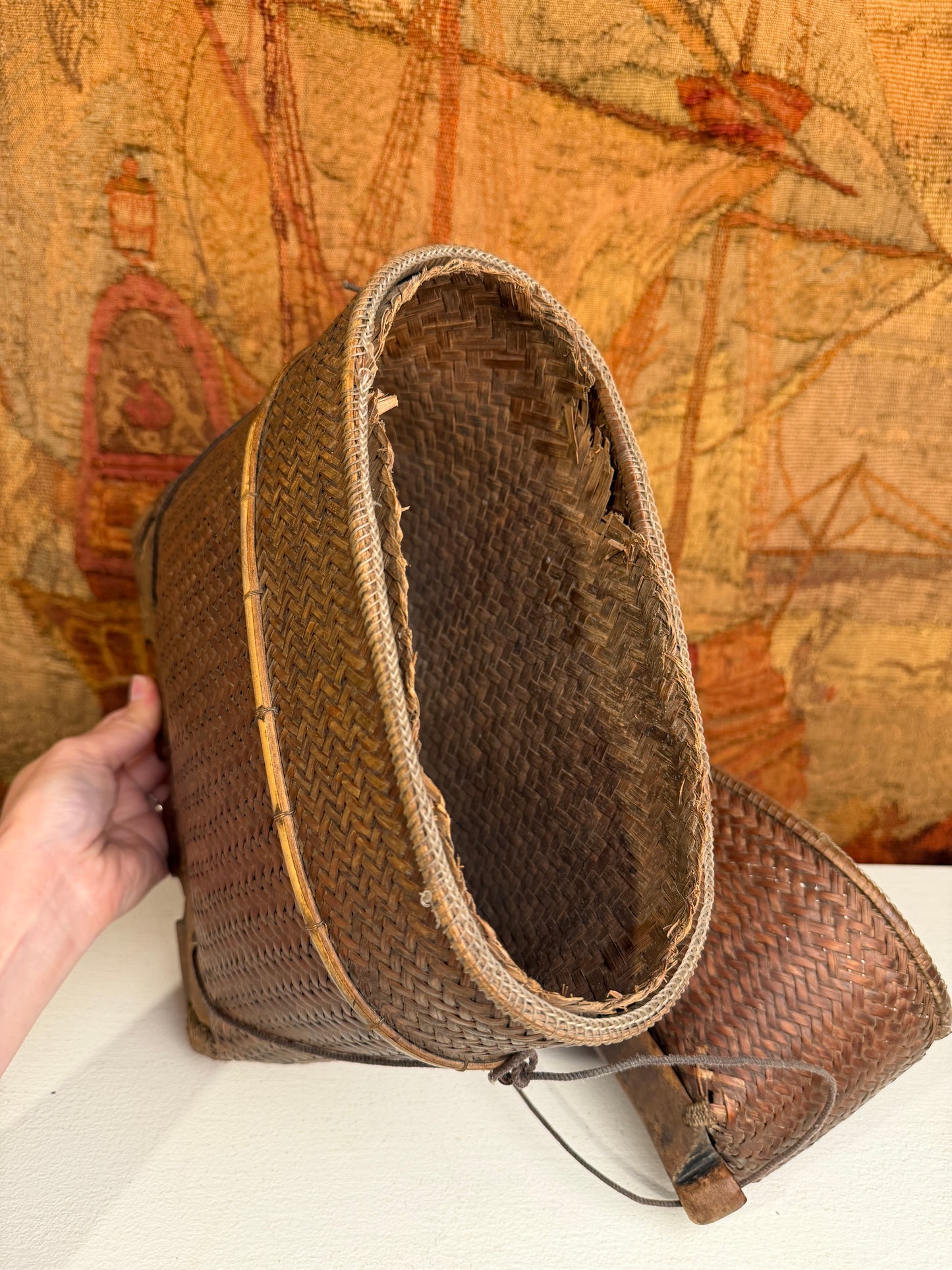 Handwoven Asian Wicker Storage Basket with Carved Wooden Base