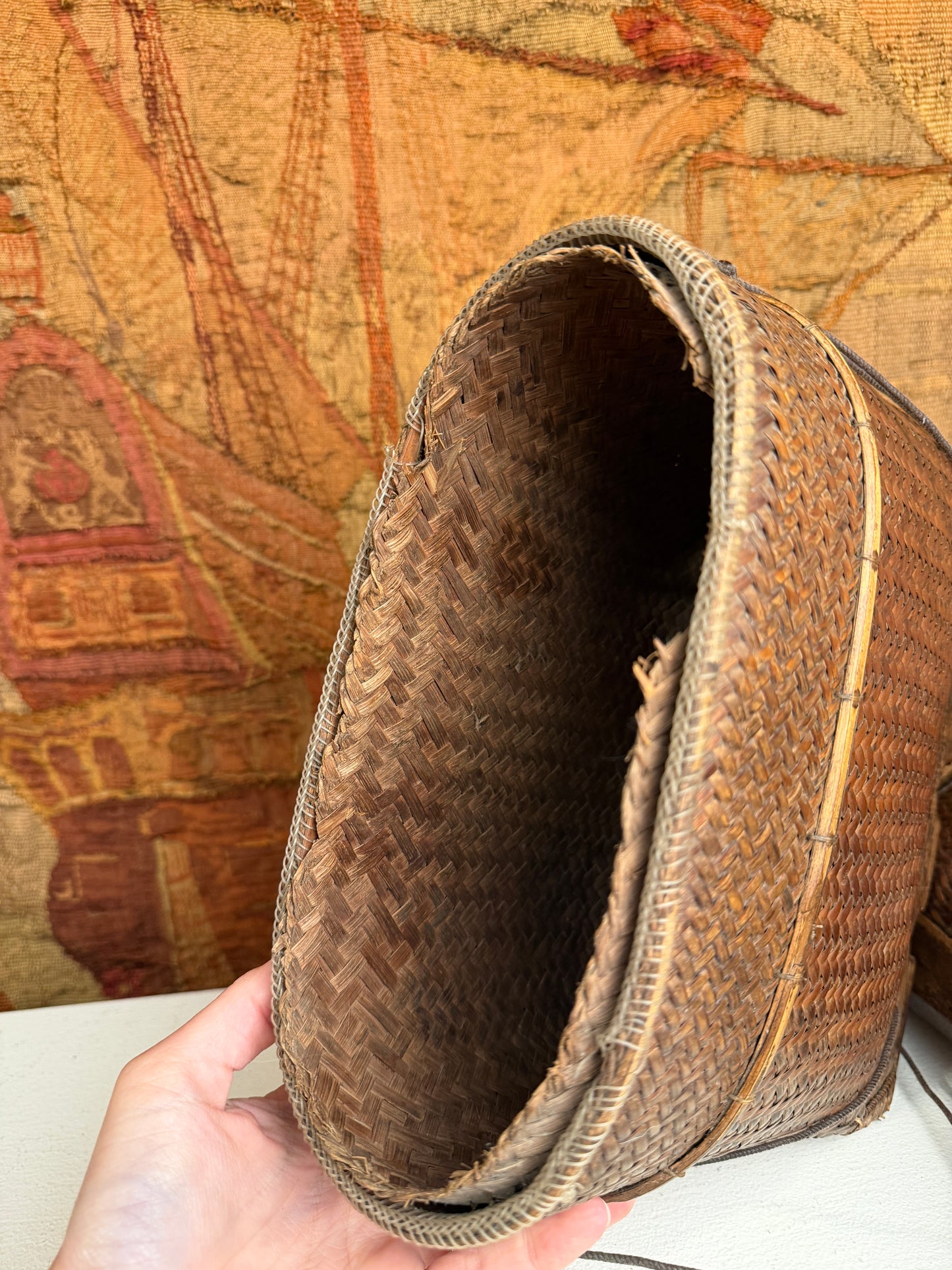 Handwoven Asian Wicker Storage Basket with Carved Wooden Base