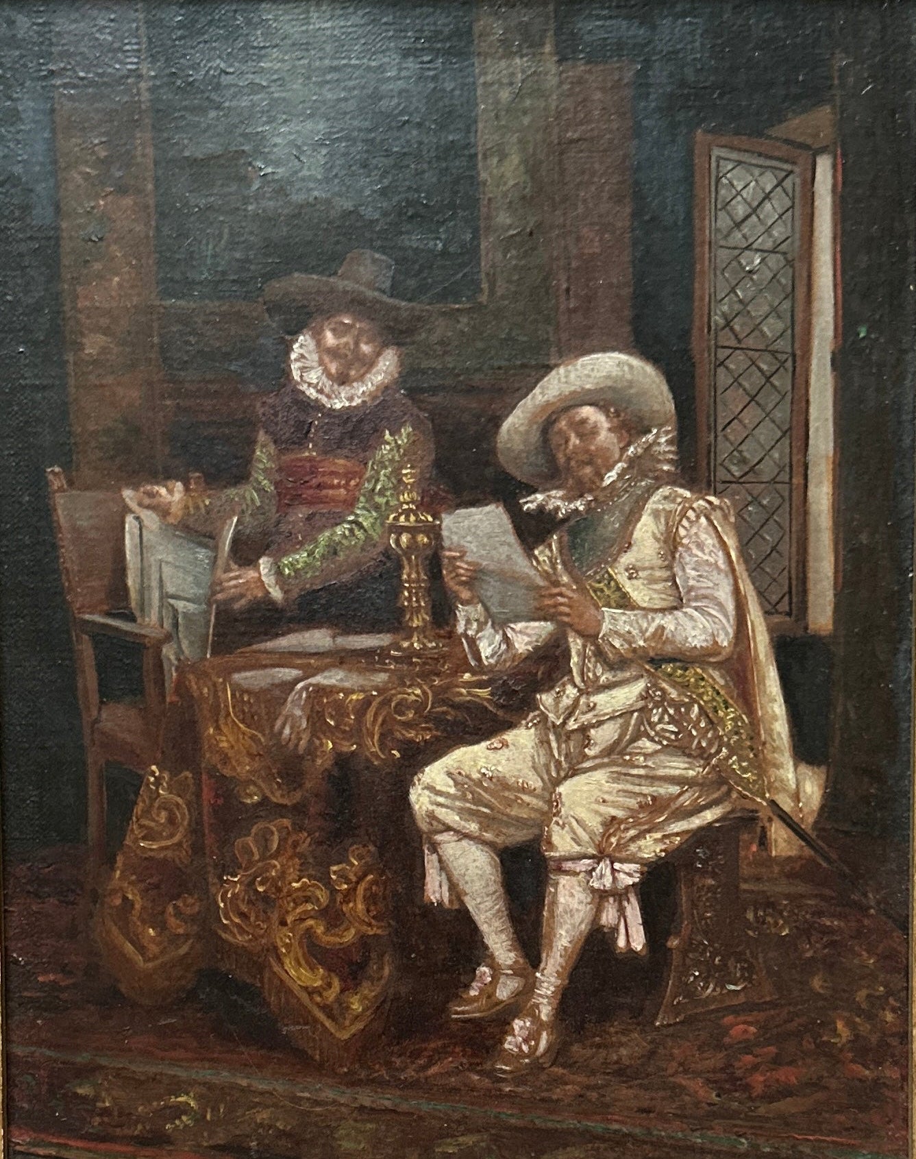 Antique Genre Scene Oil Painting in Gilt Frame