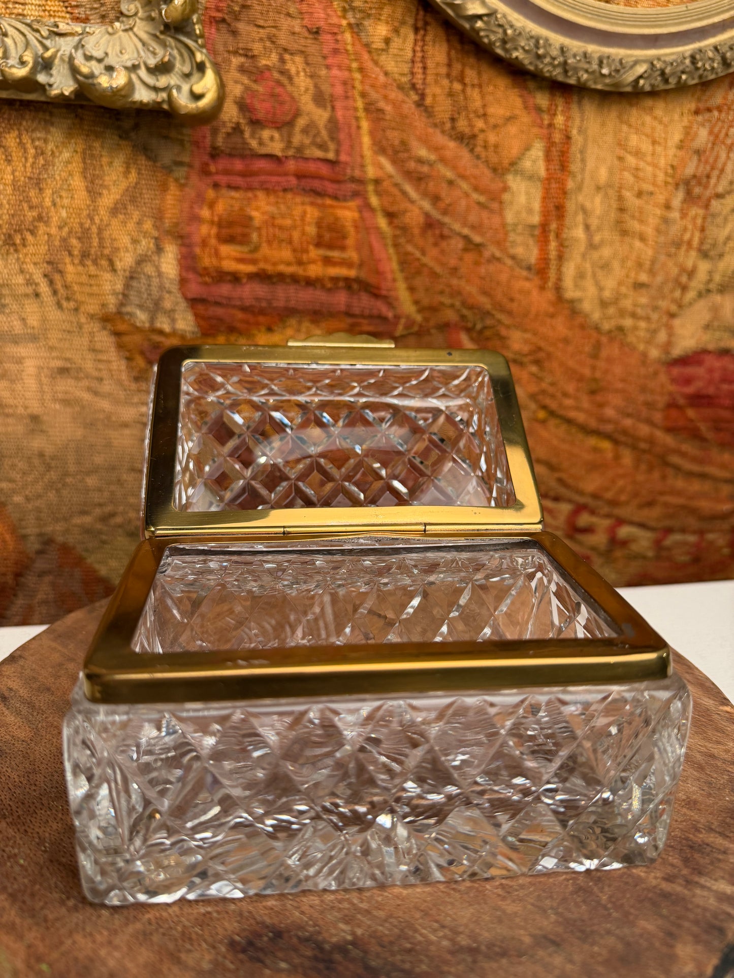 Vintage Cut Crystal Casket Box with Brass Hinged Lid