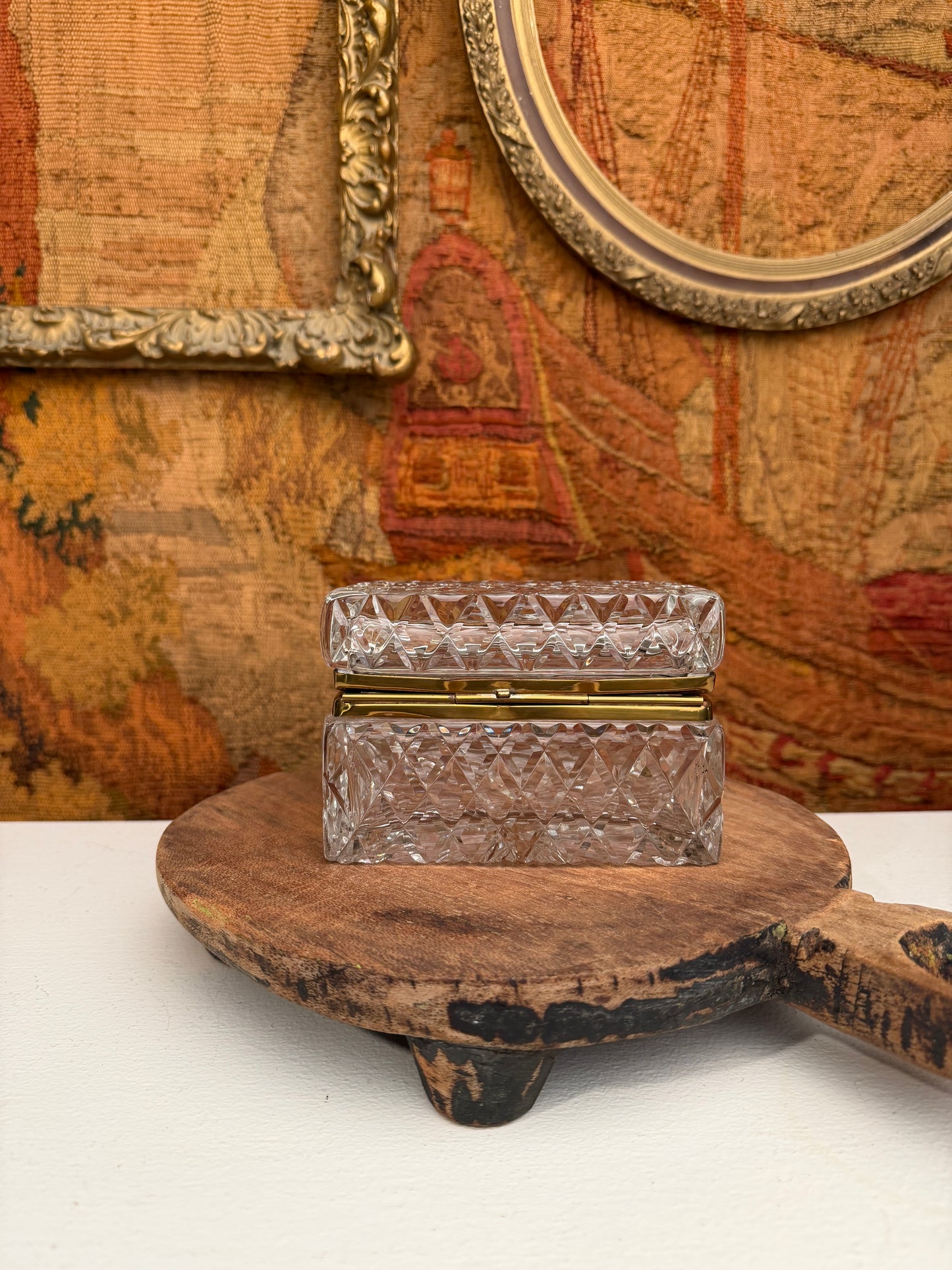 Vintage Cut Crystal Casket Box with Brass Hinged Lid
