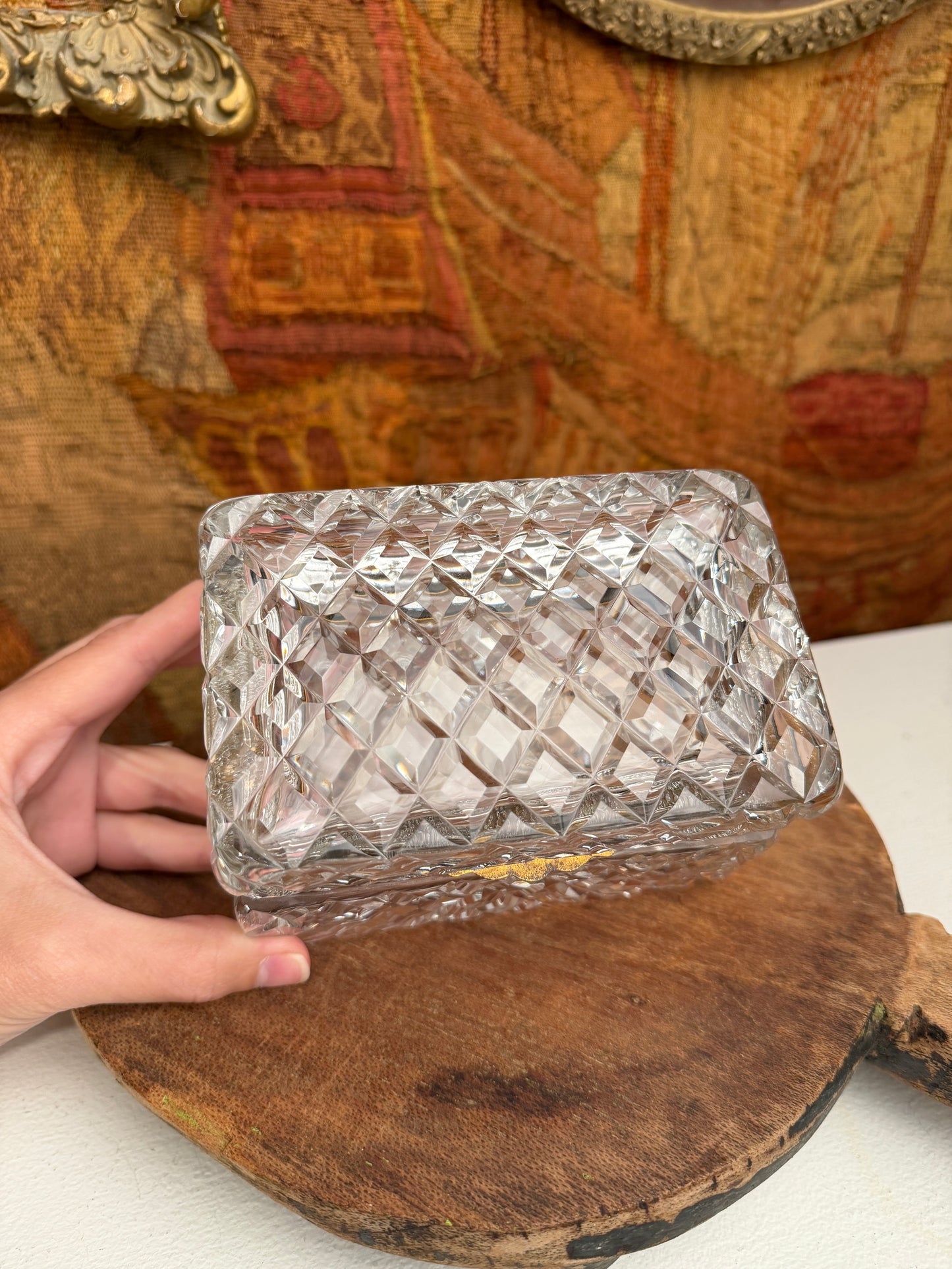Vintage Cut Crystal Casket Box with Brass Hinged Lid