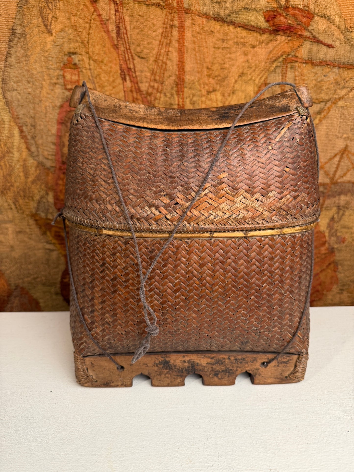 Handwoven Asian Wicker Storage Basket with Carved Wooden Base