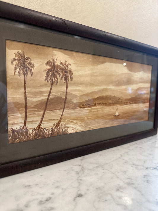Sepia Coastal Landscape Watercolor
