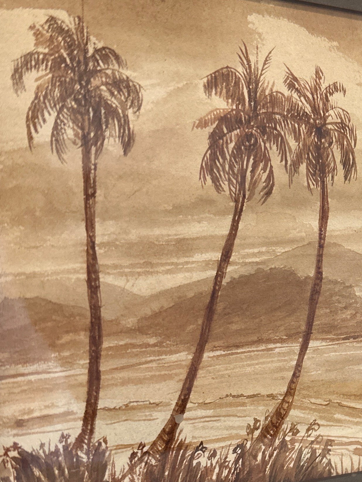 Sepia Coastal Landscape Watercolor