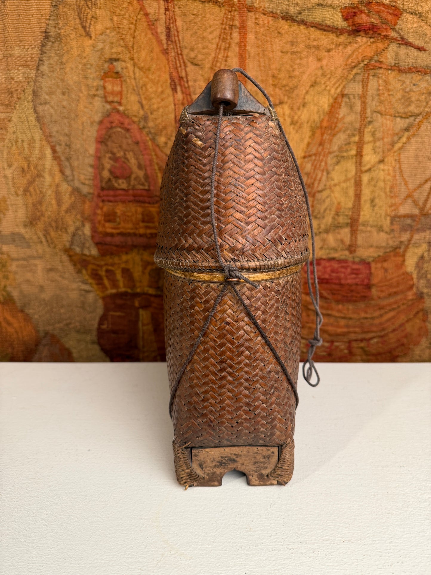 Handwoven Asian Wicker Storage Basket with Carved Wooden Base