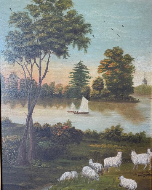 Vintage Sailboat and Sheep Oil on Board Painting