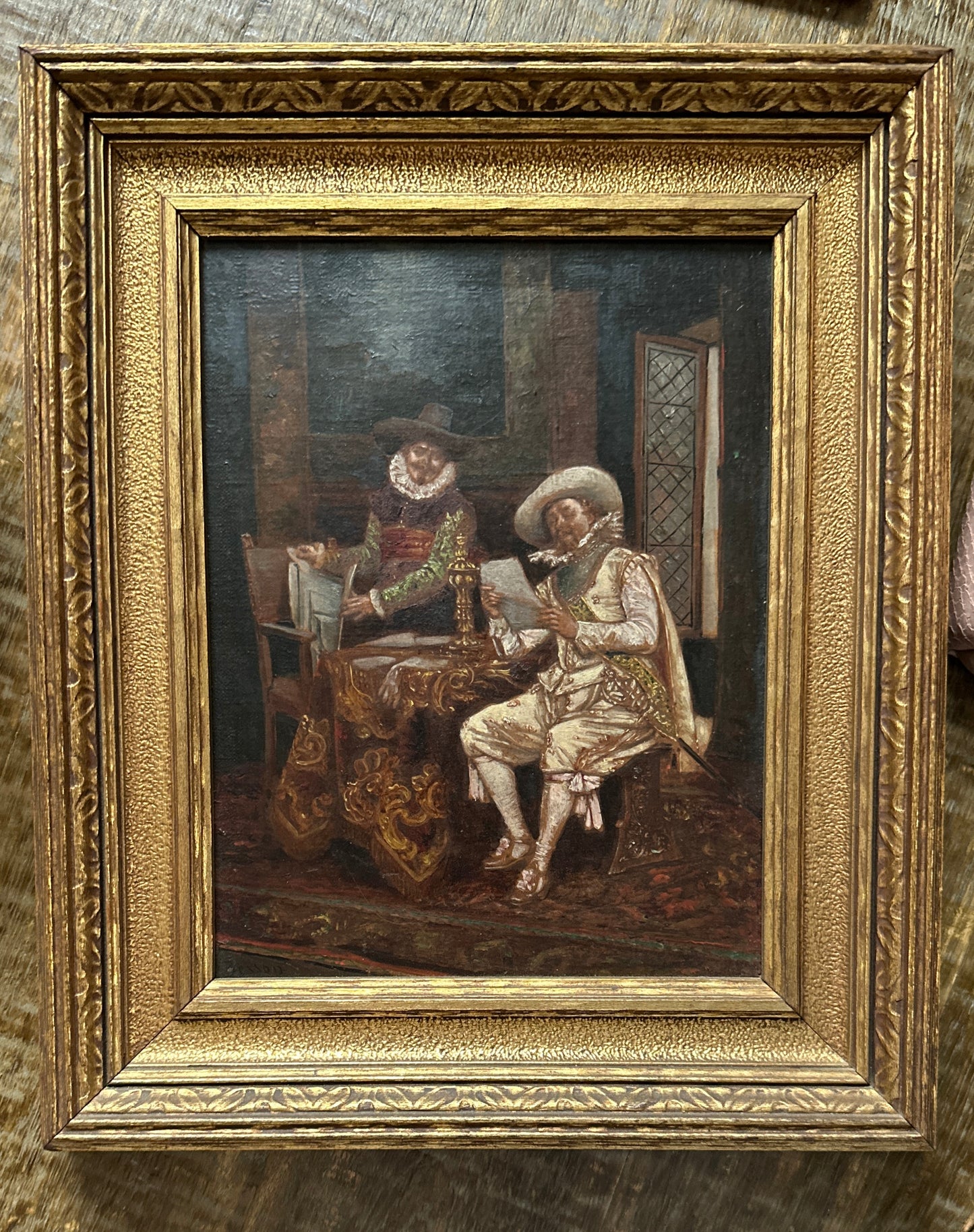 Antique Genre Scene Oil Painting in Gilt Frame
