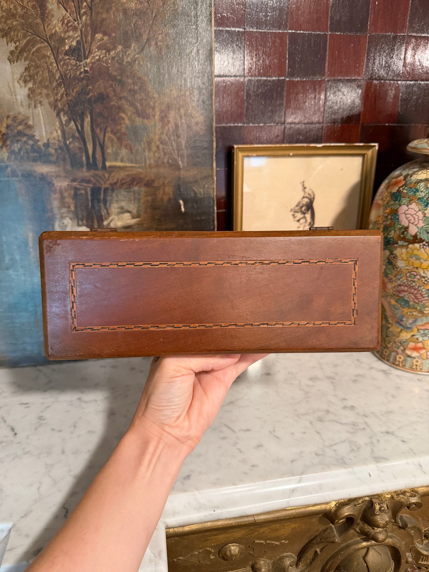 Vintage Wooden Inlaid Letter Box | Document & Stationery Storage