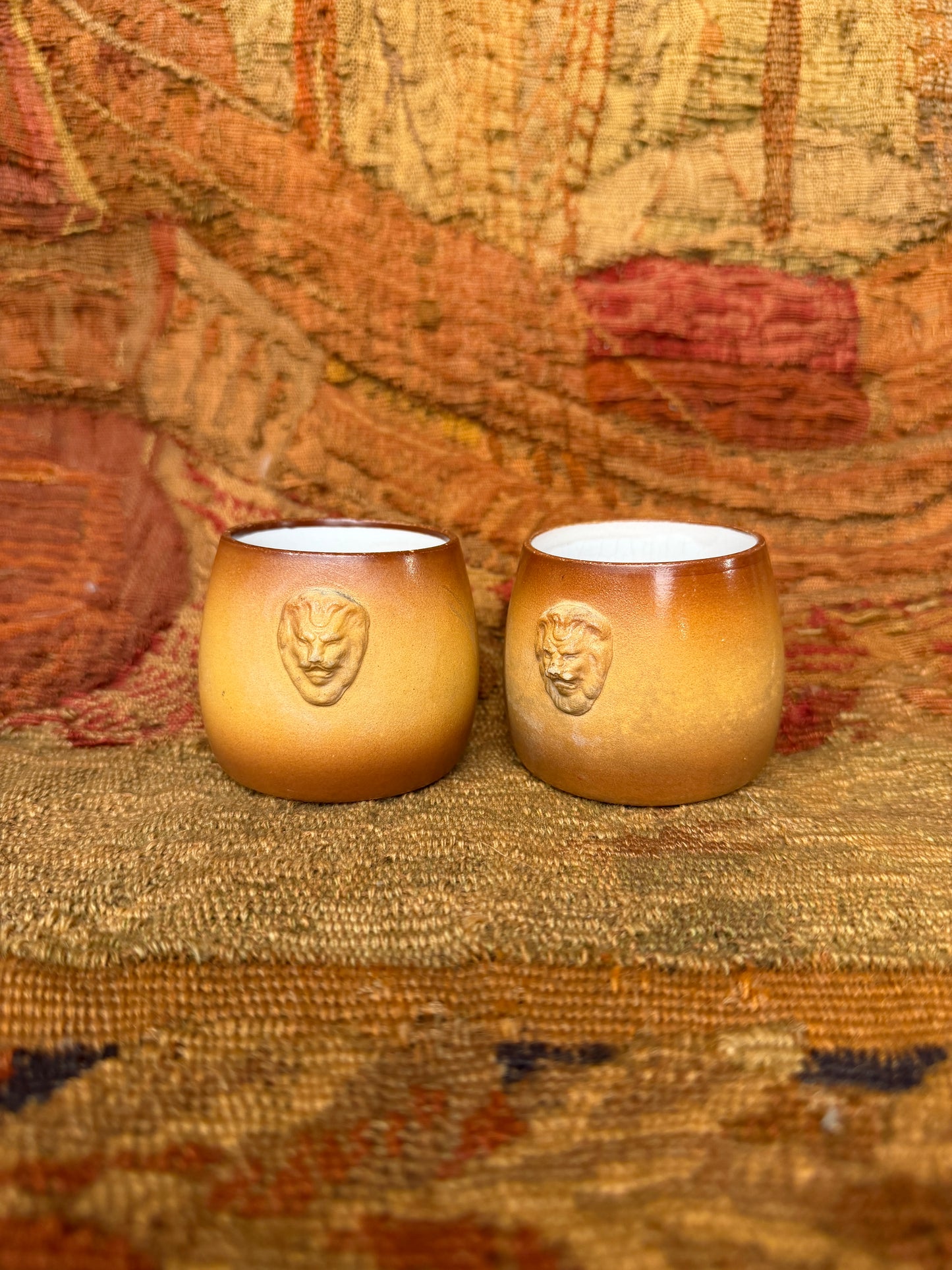 Pair of Vintage French Lion Head Stoneware Cups
