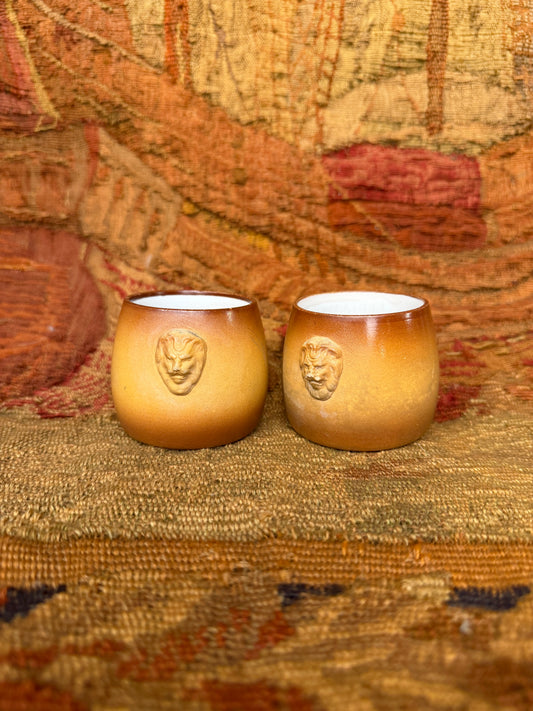 Pair of Vintage French Lion Head Stoneware Cups