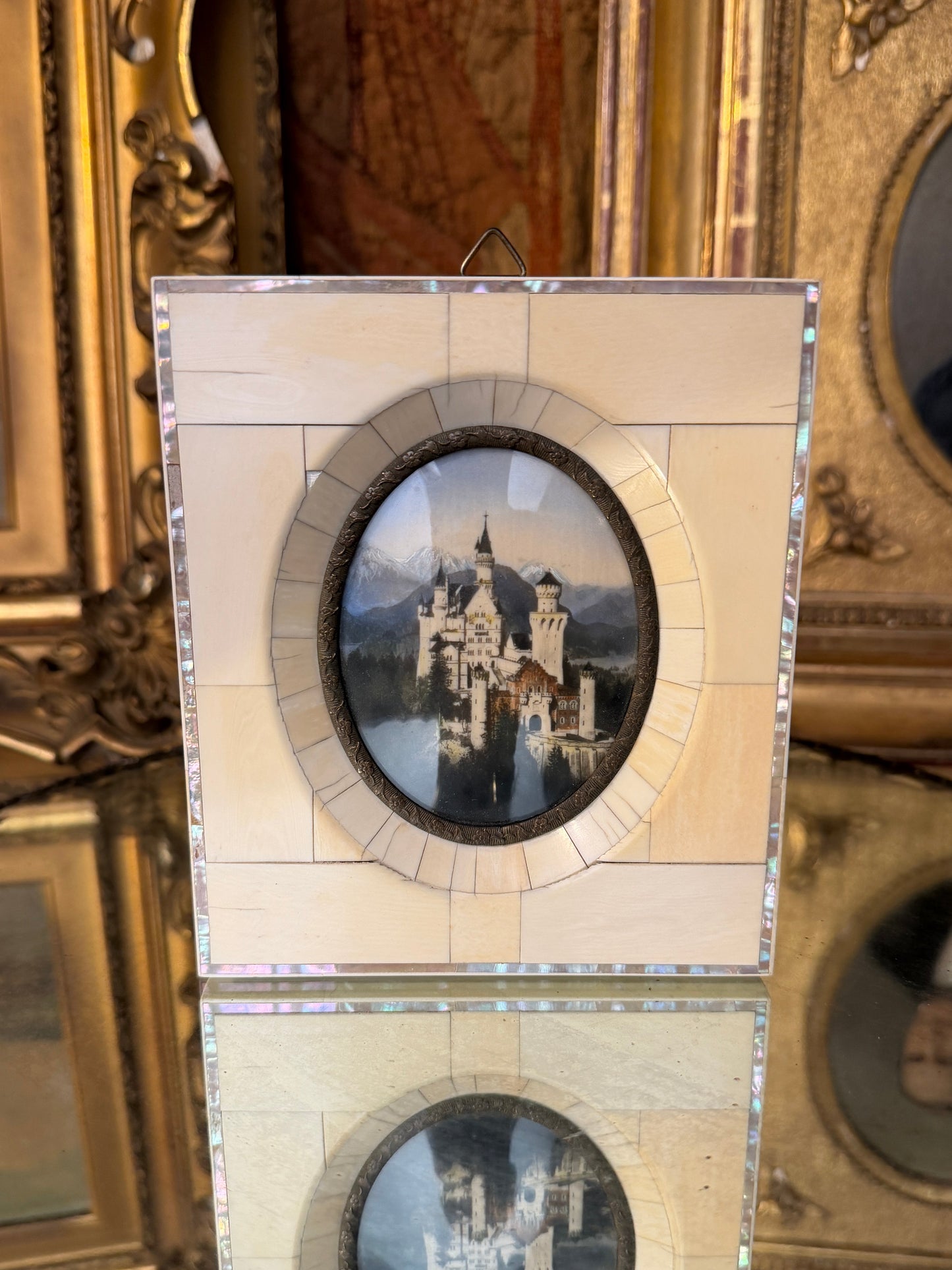 Antique Hand-Painted Photograph in Bone, Mother-of-Pearl & Bronze Frame
