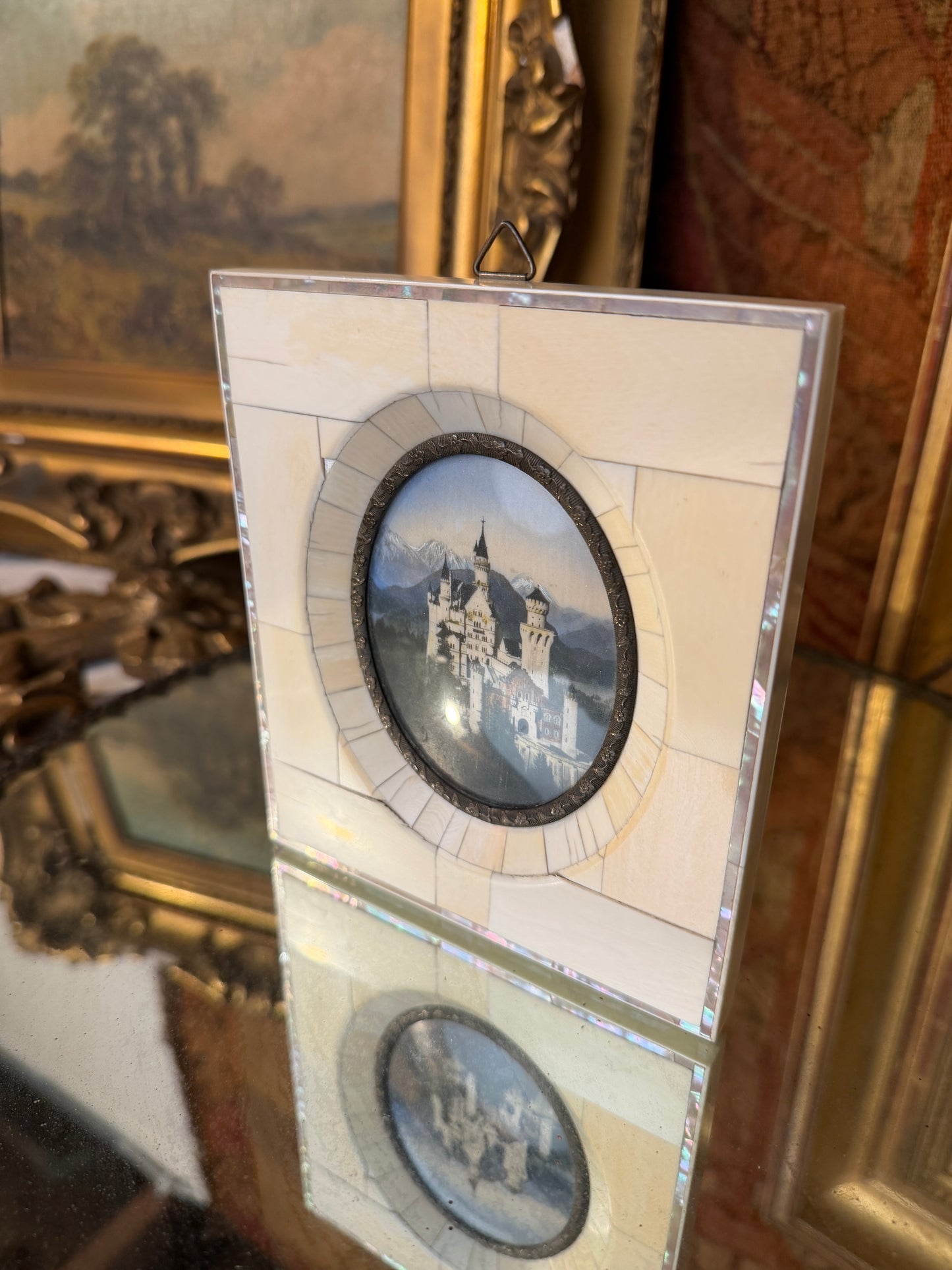 Antique Hand-Painted Photograph in Bone, Mother-of-Pearl & Bronze Frame