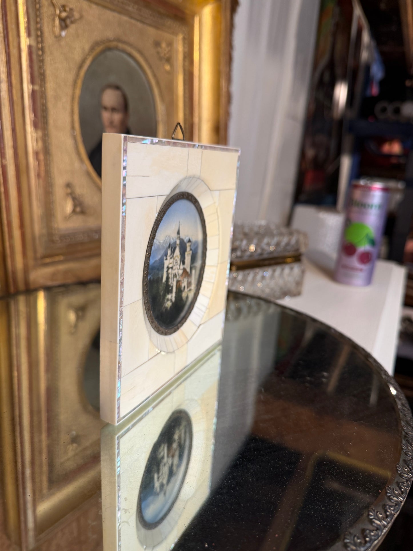 Antique Hand-Painted Photograph in Bone, Mother-of-Pearl & Bronze Frame