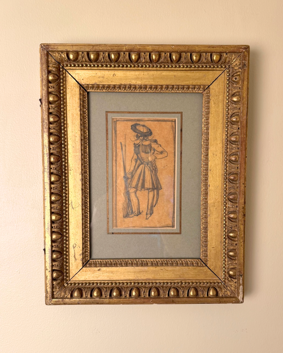 Pencil Figure Sketch in Antique Gilt Frame